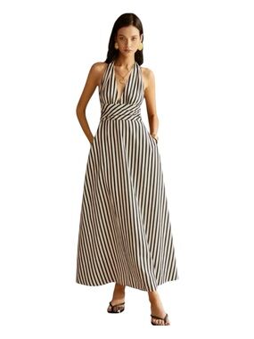 COMMENSE Black & White Striped Midi Halter Dress